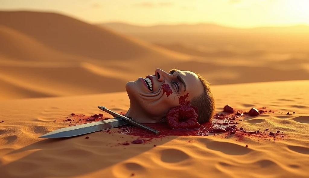 A highly realistic, high-contrast, 8K HD, detailed, hyper-detailed image of a severed head lying on the sand in a desert. The head appears to have been recently cut off by a sword, with a clean cut at the neck. The surrounding sand is stained with fresh blood, adding to the grim atmosphere. The scene is set against the backdrop of a vast desert landscape, with the golden light of the setting sun casting long shadows and adding a warm glow to the sand. The image is of the highest quality, with ultra-high resolution, RAW photo quality, and Unreal Engine rendering, capturing the stark and brutal reality of the aftermath of battle in the desert
