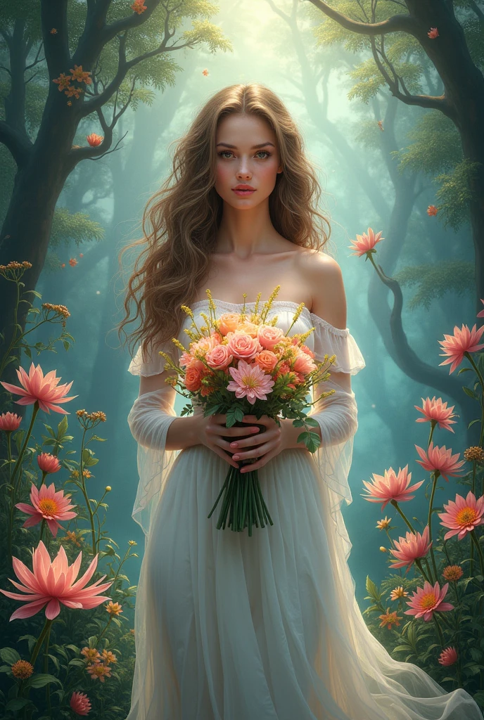 Illustrates the sign cancer,being a woman in a fantasy world ,with beautiful flowers in her hands and with her sisters@s next to her,His brothers would be Pisces and Scorpio.