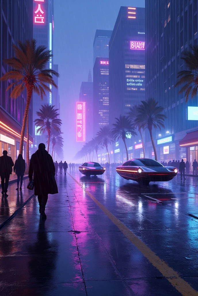 Oil painting of a futuristic street, purple and blue lights, people walking on footpath, and 3 cars on the street. Night time, raining 