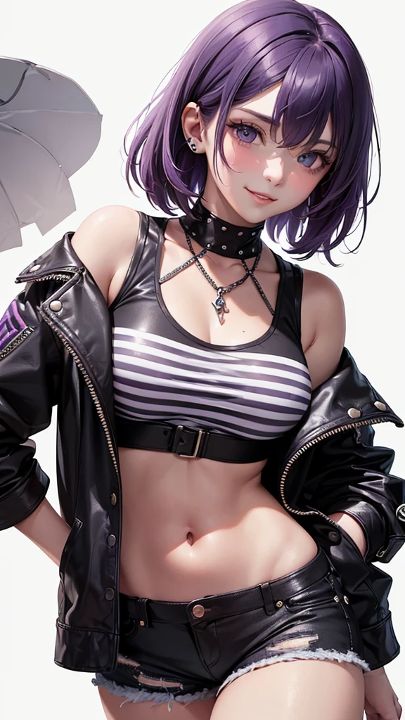 Best Quality,High resolution,8k,(plain white background, no patterns, no textures, just a plain white background:1.3),Masterpiece:1.2),beautiful girl,Big Breasts,(Glossy, deep purple hair:1.3),bob cut,Beautiful purple eyes,A girl wearing a black leather jacket with metal studs, ripped jeans, and a band T-shirt, embodying a rebellious punk rock style,Gentle look,A refreshing look,smile,Best quality,Best Quality,Aesthetic and aesthetic:1.2,Best details((Super detailed))(High-definition CG illustrations),Slender body,smile,blush,cute,Scrounge,Looking up,Being spoiled,super model,wariza