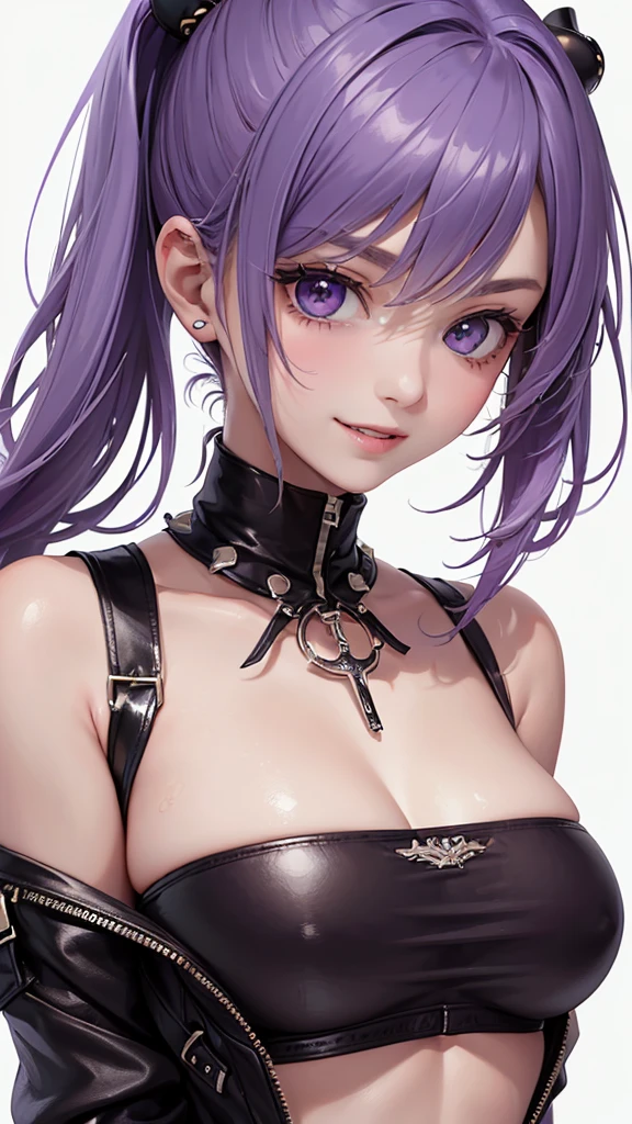 Best Quality,High resolution,8k,(plain white background, no patterns, no textures, just a plain white background:1.3),Masterpiece:1.2),beautiful girl,Big Breasts,(Glossy, deep purple hair:1.3),bob cut,Beautiful purple eyes,A girl wearing a black leather jacket with metal studs, ripped jeans, and a band T-shirt, embodying a rebellious punk rock style,Gentle look,A refreshing look,smile,Best quality,Best Quality,Aesthetic and aesthetic:1.2,Best details((Super detailed))(High-definition CG illustrations),Slender body,smile,blush,cute,Scrounge,Looking up,Being spoiled,super model,wariza