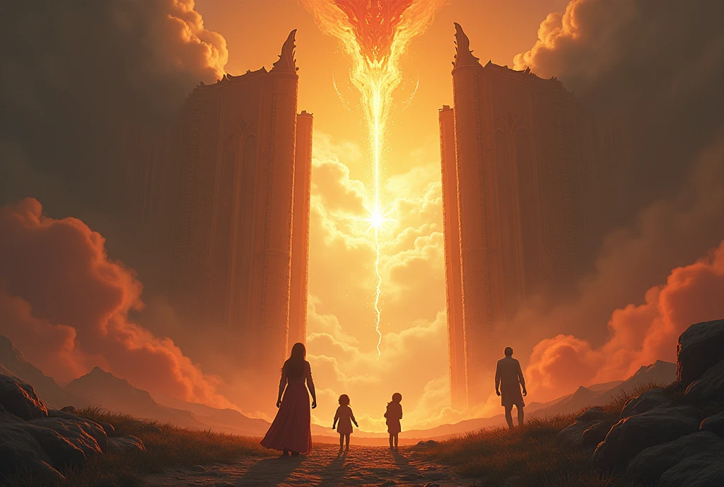 A landscape. A mother and her Kids are playing far away, very close to the firey gates of hell. They are aproaching the dragon. A father is standing uninvolved in the distant glory of heaven.