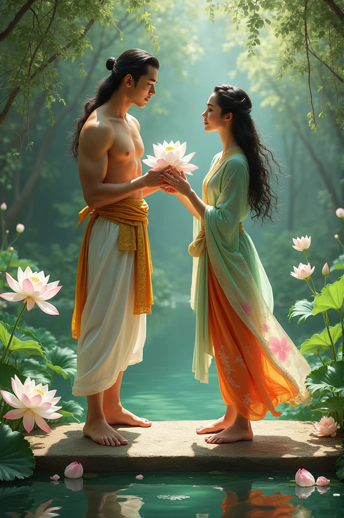 On a bridge in the middle of a beautiful white lotus pond, a handsome young man with long, beautiful black hair tied halfway down his head, wearing a white and gold sarong, a golden sash, fair skin, and a strong body of 3, is offering a beautiful white lotus to a beautiful, gentle young woman with long, flowing black hair, wearing a light green Dusit Thai dress, an orange and white sarong with pink highlights, and a white and gold shawl. The freshness of the lush green atmosphere of the lotus pond, an oil painting, a surreal painting, an art painting by Ajarn Chalermchai.