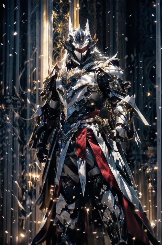 Powerful male king, (raphtalia cosplay), bright gray eyes, long silver hair, beautiful delicate face, a royal suit of thick fabric (white), gray cape, middle earth style clothing (fantastic), shiny silver armor, in a majestic kingdom, in the background a magical silver forest, dark night, ethereal lights in the air, ultra-realistic, 8k.red colour,blood colour blue 