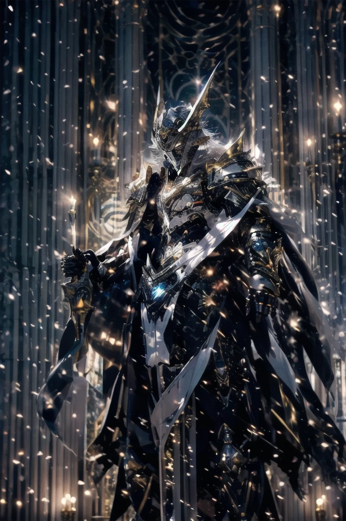 Powerful male king, (raphtalia cosplay), bright gray eyes, long silver hair, beautiful delicate face, a royal suit of thick fabric (white), gray cape, middle earth style clothing (fantastic), shiny silver armor, in a majestic kingdom, in the background a magical silver forest, dark night, ethereal lights in the air, ultra-realistic, 8k.red colour,blood colour blue