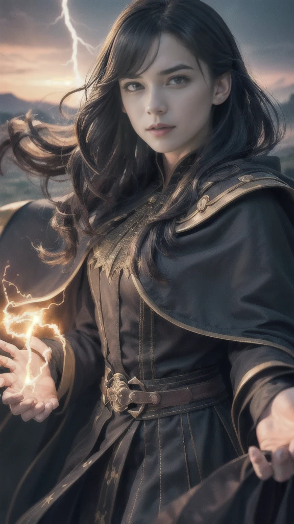 (skindentation:1.5), Realistic, Photorealistic, (masterpiece:1.5), concept art, intricate details, highly detailed, photorealistic, octane render, 8k, unreal engine, dynamic pose, best quality, highres, (realistic face:1.1), (hyperrealistic:1.1), ((full_body)), perfect eyes,(shiny skin:1.2), (((hairstyle))), (((perfect hands))), (extremely detailed background), ((dynamic background)), ((lightning)), (light rays), ((1girl)), wearing cloak, (((flowing cloak))), ((detailed eyes, high quality eyes, high quality face)), (extremely intricate robes, magical robes), short hair, casting lightning, electricity, swirling fire, radiating power, sparks, smoke, magic, ((dramatic)), epic, battlefield, depth of field, bokeh, 4k, gothic, ember, particles