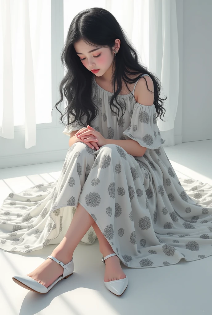 A 13 years  small girl with black wave hair and black white long dress and a white hills sheos white background in a room
