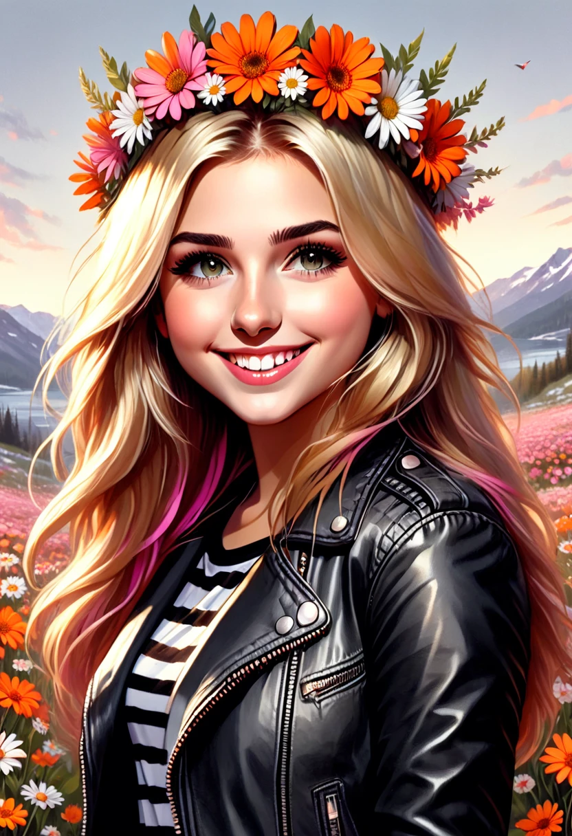 The image is a digital illustration of a young girl with long blonde hair.. She is wearing a black leather jacket with a striped shirt underneath and a gray skirt with pink and orange flowers.. She has a flower crown on her head with white daisies. The girl has a big smile on her face and is looking directly at the camera.. The background is white.