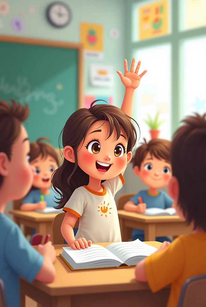 illustration, 8  girl, raising his hand in his course, other classmates looking at her