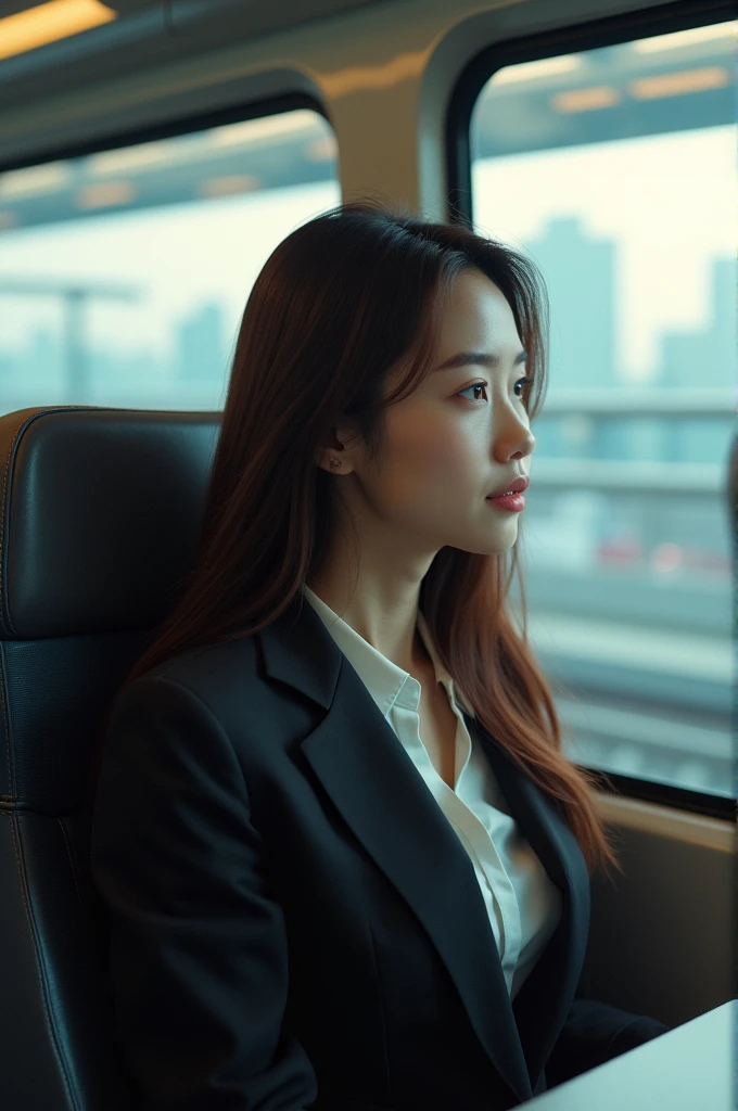 A woman in navel hair  in a bullet train going to work 