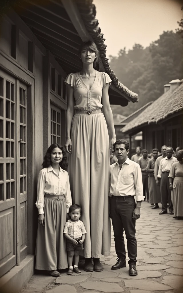 An old black and white, vintage photograph, daguerreotype, historic photo, of tall, beautiful woman, twice as big as others, resumes her full height standing next to normal-sized people in an authentic village of wood. She's so large and long-legged that she almost seems to tower over everyone around her, with her family standing next to her in the background. Everybody is dress with traditional clothes. The photo was taken in the style of Irving Penn, horst p. horst, Inspired in the style of Nadar, Daguerre, Edward Sheriff Curtis, Nicephor Niepce from a frontal view with an old camera, in 1800 or 1900. Her family is looking at her, with love
