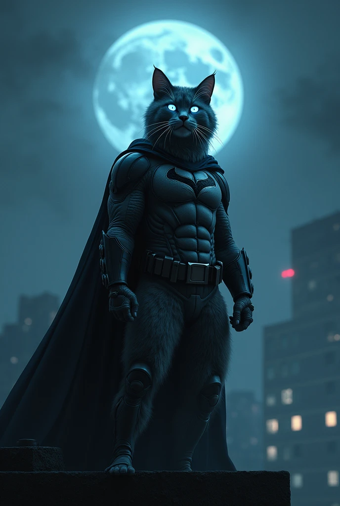 Adult cat, with gray and white fur, shining blue eyes, in a dystopian city lost to crime, during a dark night covered in fog, wearing clothing similar to the costume of *Batman* on top of a building under a full moon.