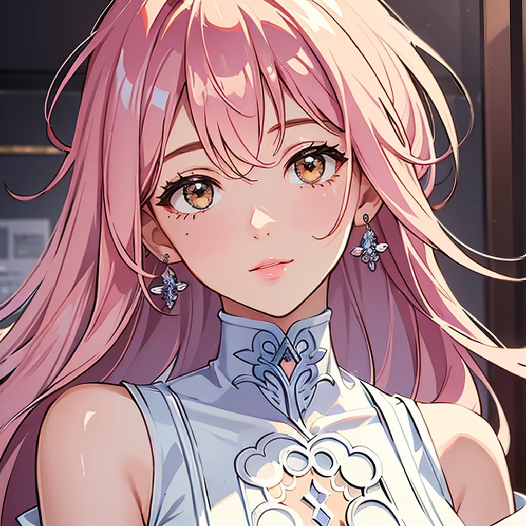 (masterpiece, high quality, 4k, 8k:1.4), 1girl, solo, pink hair, brown eyes, double-parted bangs, long hair, (mature female, mature:1.2), mole under eye, earrings, white cold shoulder flowy dress, close up, detailed face, beautiful detailed brown eyes, extremely detailed face, long eyelashes, intricate details, soft lighting, warm color palette, indoors