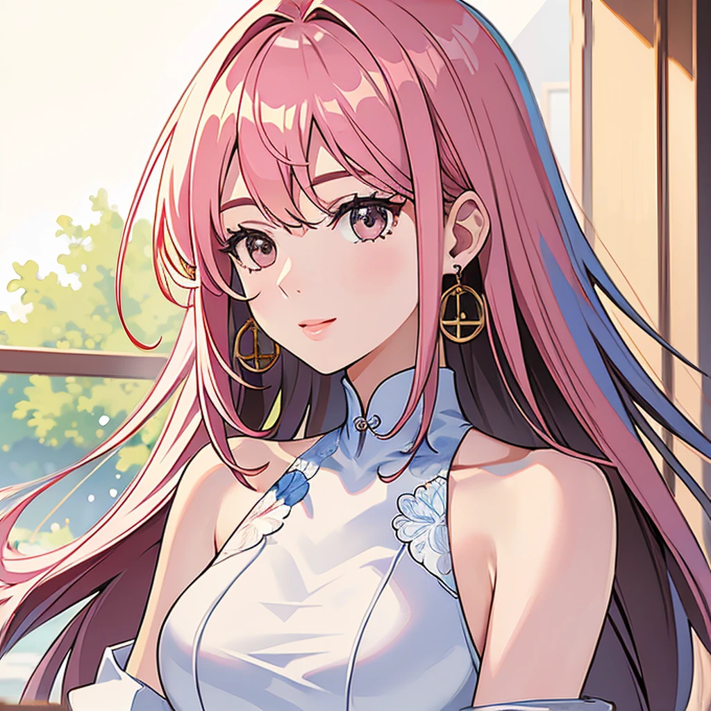 (masterpiece, high quality, 4k, 8k:1.4), 1girl, solo, pink hair, brown eyes, double-parted bangs, long hair, (mature female, mature:1.2), mole under eye, earrings, white cold shoulder flowy dress, close up, detailed face, beautiful detailed brown eyes, extremely detailed face, long eyelashes, intricate details, soft lighting, warm color palette, indoors