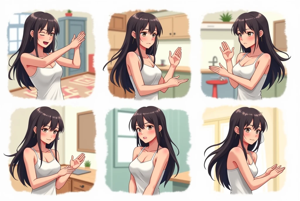 anime girl, wearing a tank top, demonstrating different everyday situations that exposes her underarms. in grids

1. waving hand up high, exposing her underarms. 

2. fixing hair, raising and exposing her underarms.

3. pointing at something high, exposing her underarms.

4 raising phone to take selfie, exposing her underarms.

5. raising arm and wiping forehead, exposing her underarms.

6. wiping the window, exposing her underarms.