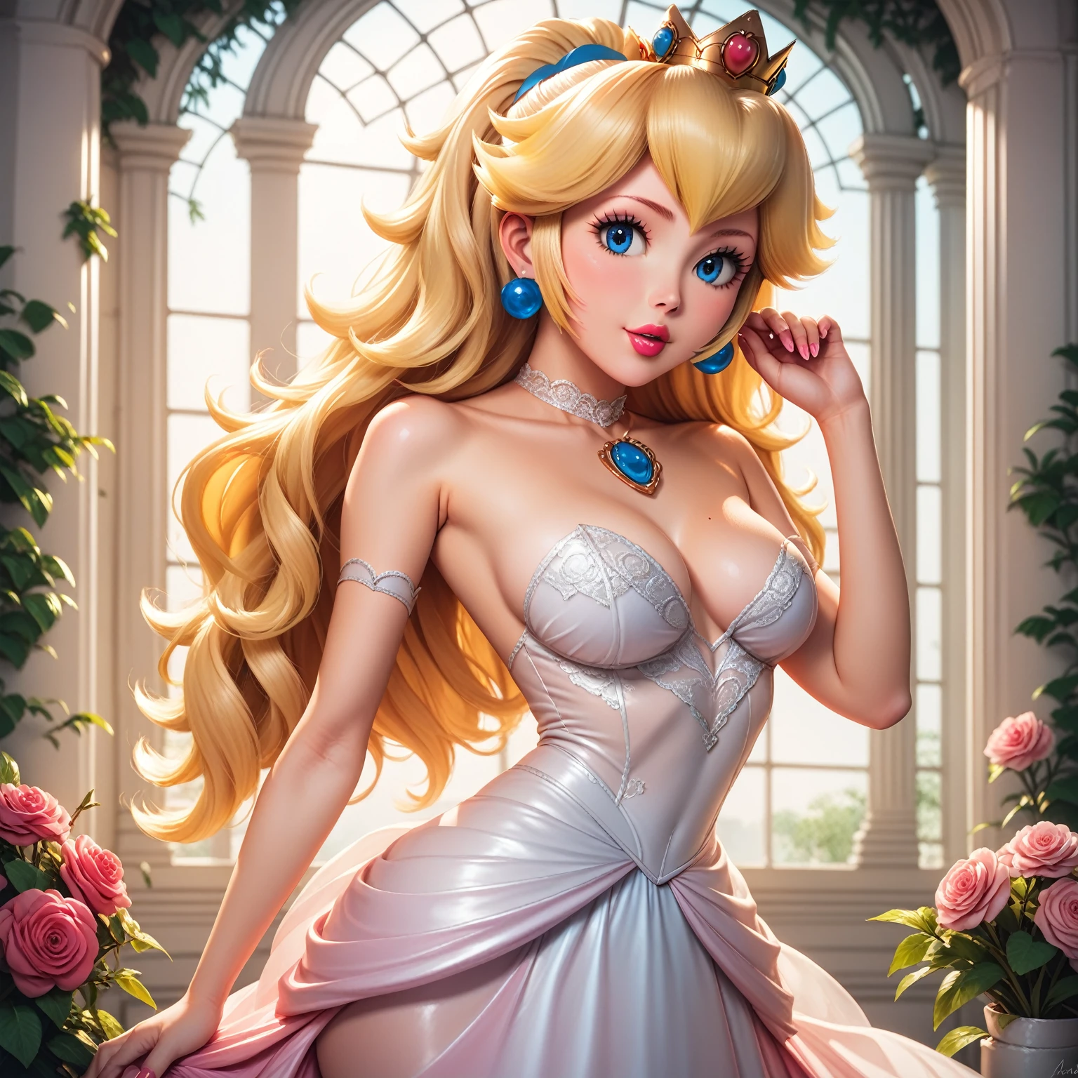 PRINCESS PEACH, 1 girl, beautiful detailed blue eyes, beautiful detailed lips, extremely detailed face, long eyelashes, Sensual Body, Bare Legs, loose and wavy blonde hair, ornate crown, elegant wedding dress, revealing dress, intricate embroidery, lush garden , spectacular lighting, photorealistic, 8K, high resolution, sensual pose. the whole body.