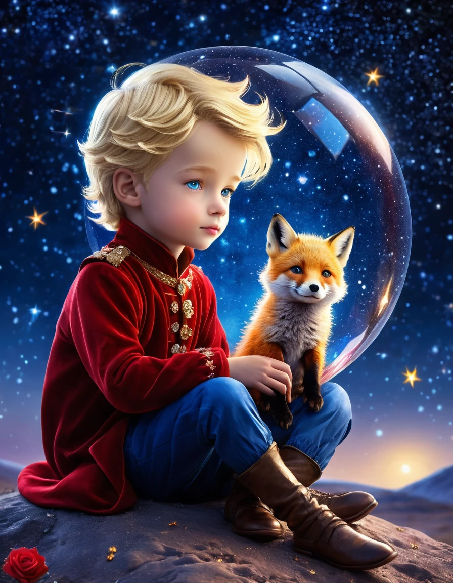 Best quality, masterpiece, ultra high resolution, Surrealism, ((The image of the little prince)), blonde hair, Blue eyes, Starry sky, red fox sitting next to the prince, Night time, stars, galaxy, sparkling magic, a red rose in a crystal glass in the prince's hand, hyperdetailing, amazing quality, difficult, cinematic light, Beautiful, Surreal, dramatic, fantastic, color of nebula