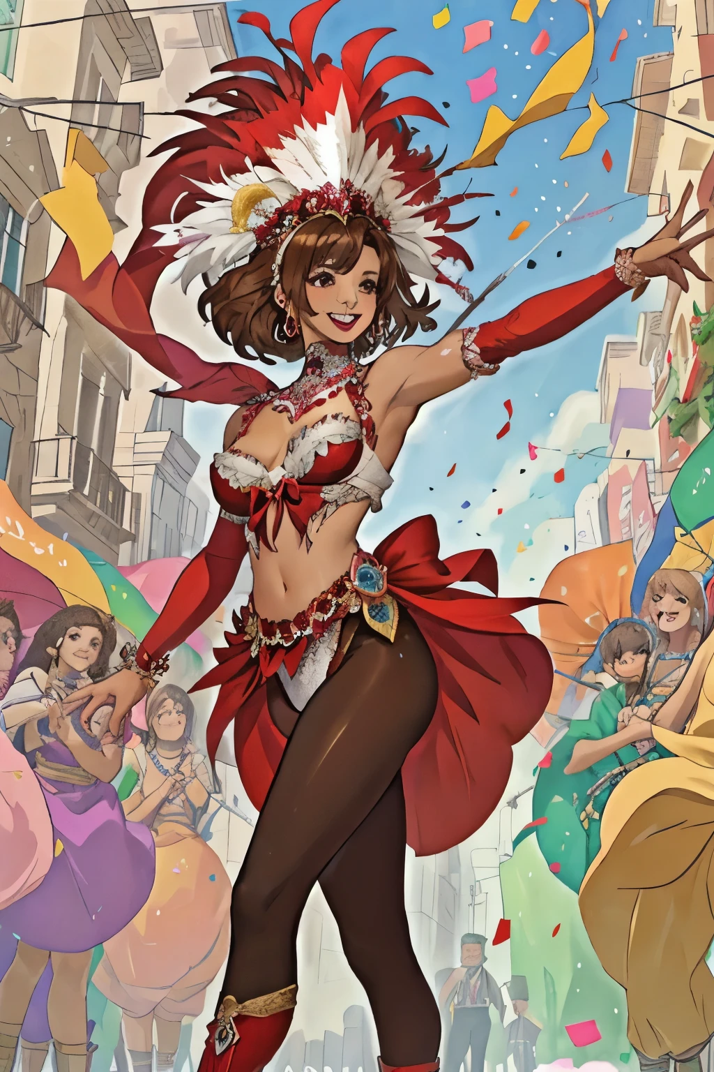 Highest quality, Official Art, masterpiece, Fabric Shading, High resolution, Very detailed, colorful, Best details, High leg samba micro costume:1.5, Burnt:1.9 Yuki Mori:1.5, 1 female, Age 25, Brown Hair, Medium Hair,Big Ass:1.9, {{{{{Dancing enthusiastically in a parade:1.9}}}}}, A bustling boulevard, sunny, skinny, {{Surrounded by male photographers:1.9}}, She has been photographed by many male photographers..:1.7, Confetti is falling, Blessed, welcome:1.5, Camel Toe:1.9, Ground level shot,Red feather,