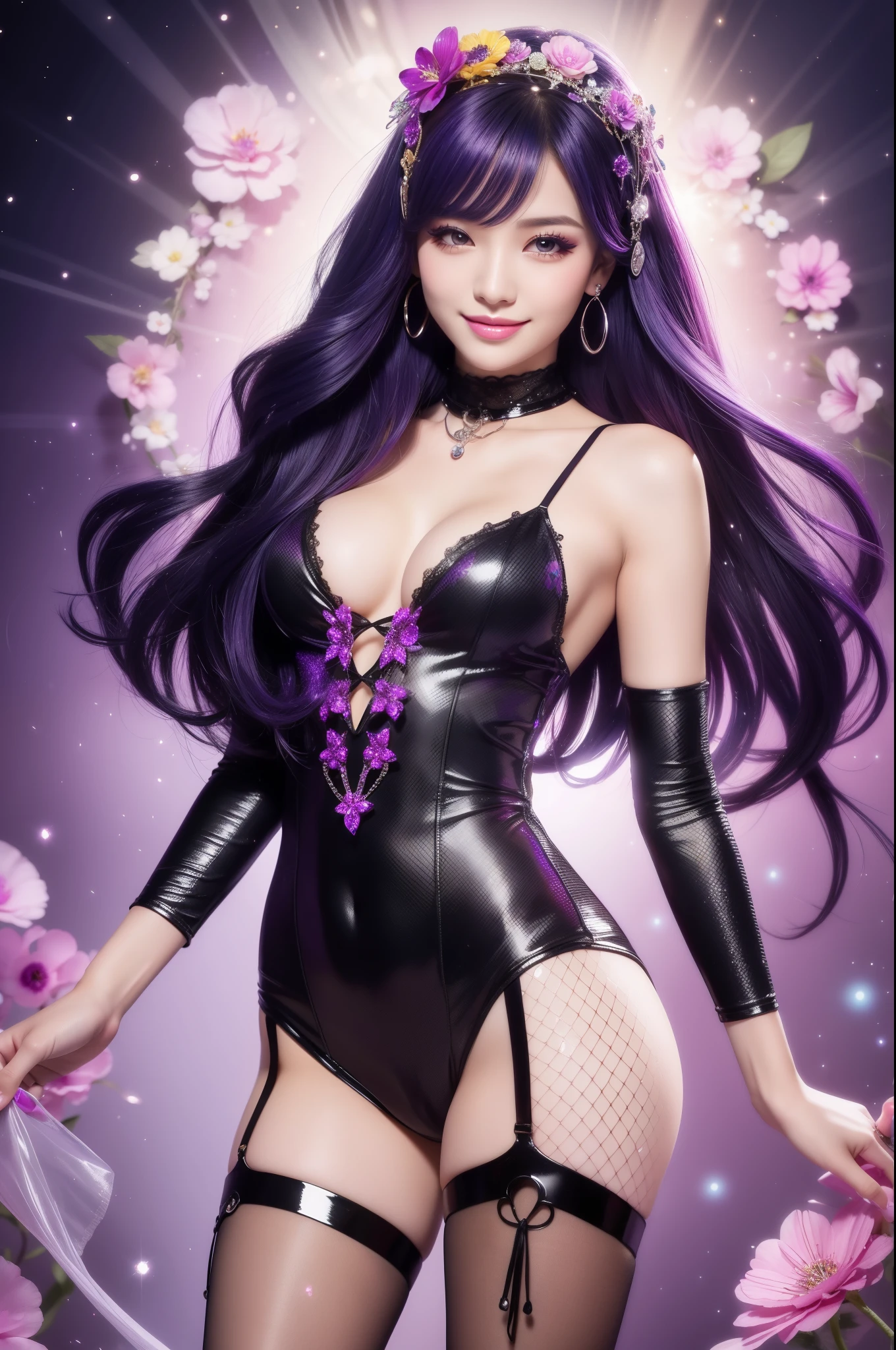 beautiful sexy model who controls poison、beautiful smile、lipgloss、long lashes、intense makeup、look at the camera、full body Esbian、、sparkling poisoned flower costume、、、、shiny sparkling multicolor hair、secrete poison、skull hair accessories、fishnet tights、shiny sparkling flowers background