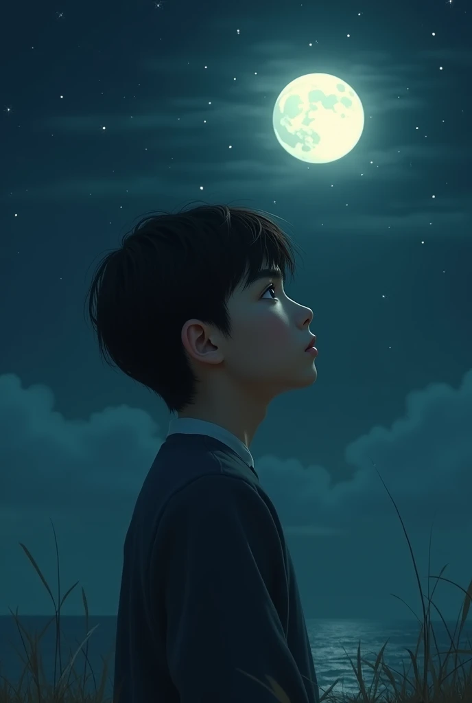 A sad boy looks at the moon at night