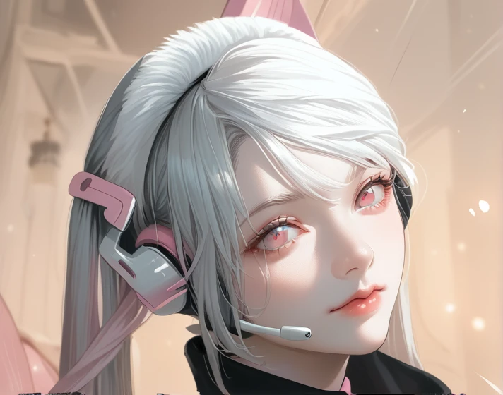 alicedef, pink eyes, white hair, twintails, very long hair, bangs, headset, fake animal ears, animal ear headphones, shrug \(clothing\), long sleeves, large breasts, pink bodysuit, latex bodysuit, multicolored gloves, pink gloves, white gloves,9,score_8_up,score_7_up,masterpiece,best quality,perfect anatomy,very aesthetic,official art,8k,shiny_skin,fair_skin,white_skin, Идет по Улице с Улыбкой