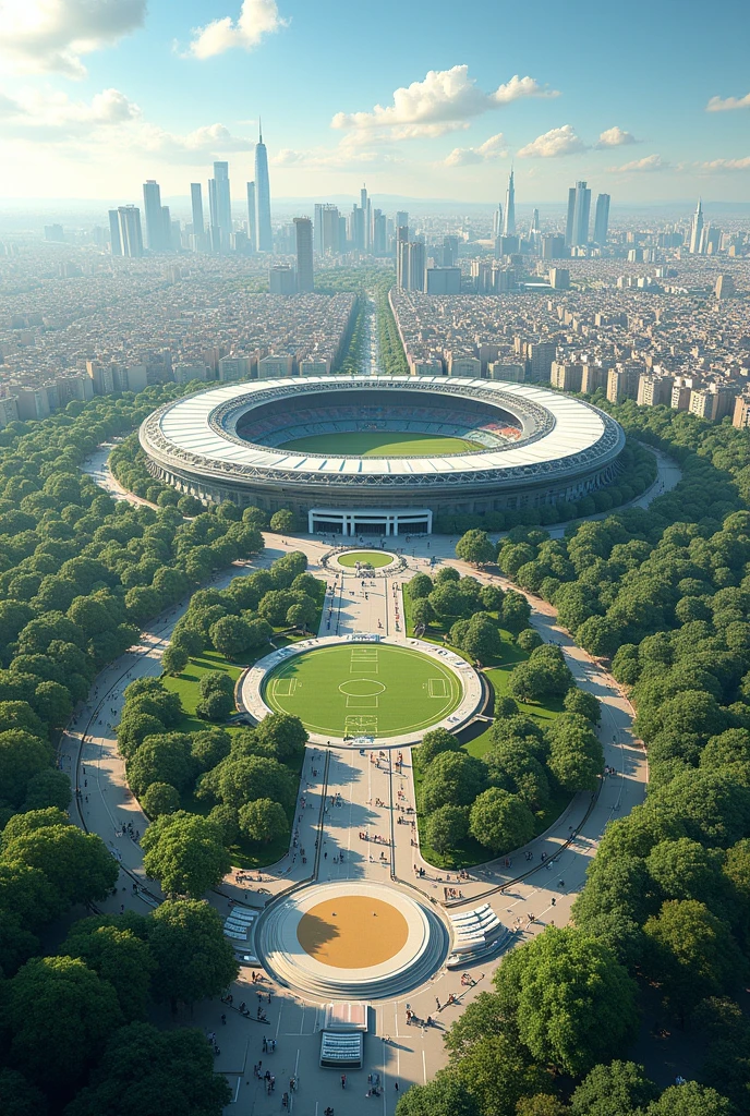 (work of art)), (detailded), 1 city with a modern European look seen from above . Big Madrid style city with lots of parks and greenery and a big sports stadium around. 