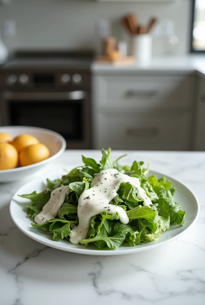 Salad with ranch sauce on plate in modern kitchen