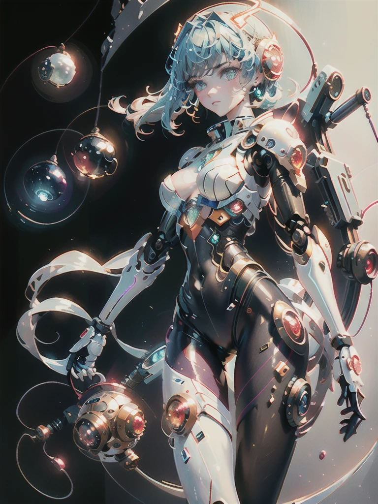 (masterpiece, top quality, best quality, official art, beautiful and aesthetic:1.2), (1girl), (fractal art:1.2),absurdres, highres, ultra detailed, Ultra-precise depiction, Ultra-detailed depiction, solo, (zentangle:1.2),  floating hair, (skinny, thin body: 1.2), tanned skin, shiny skin, (abstract:1.2),cbpkv5, pantyhose,looking at viewer, full body, cyberpunk robot, complex robot, halo, by mooncryptowow