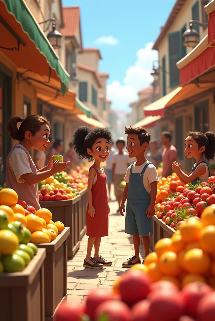 happy customers inside market smiling with fruits in Disney Pixar style