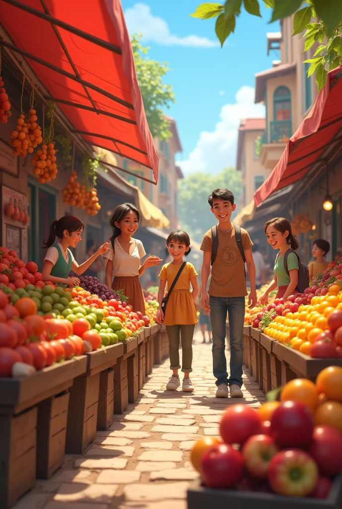 happy customers inside market smiling with fruits in Disney Pixar style
