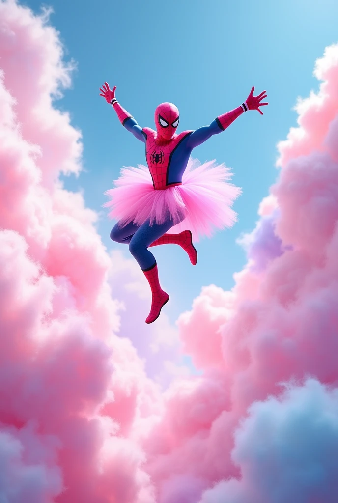 pink spider man jumping on cotton candy clouds with tulle skirt