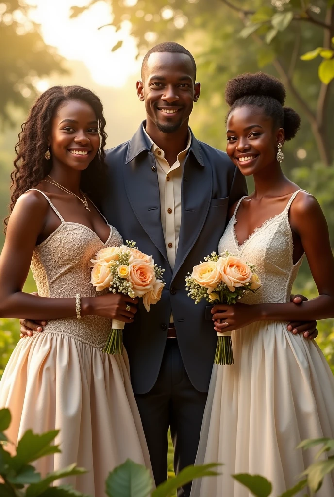 Un jeune garçon de 23 ans africain en veste au milieu de deux belles filles africaines en robe de mariage et tenant chacune dans les mains une fleur. La première fille a 19 ans et la seconde fille a 21 ans