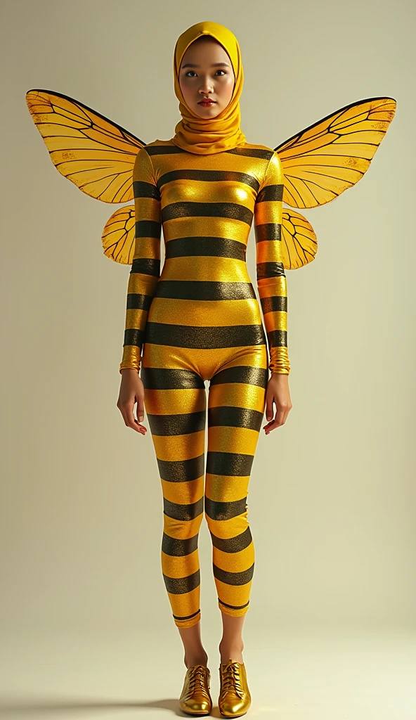 a beautiful and thin malaysian asian muslim adult girl with a shiny and beautiful face wears yellow bee lycra turtleneck unitard catsuit covered with black stripes with a pair of wings and always wear bee lycra dancewear hijab covered with black stripes.She is buzzing.