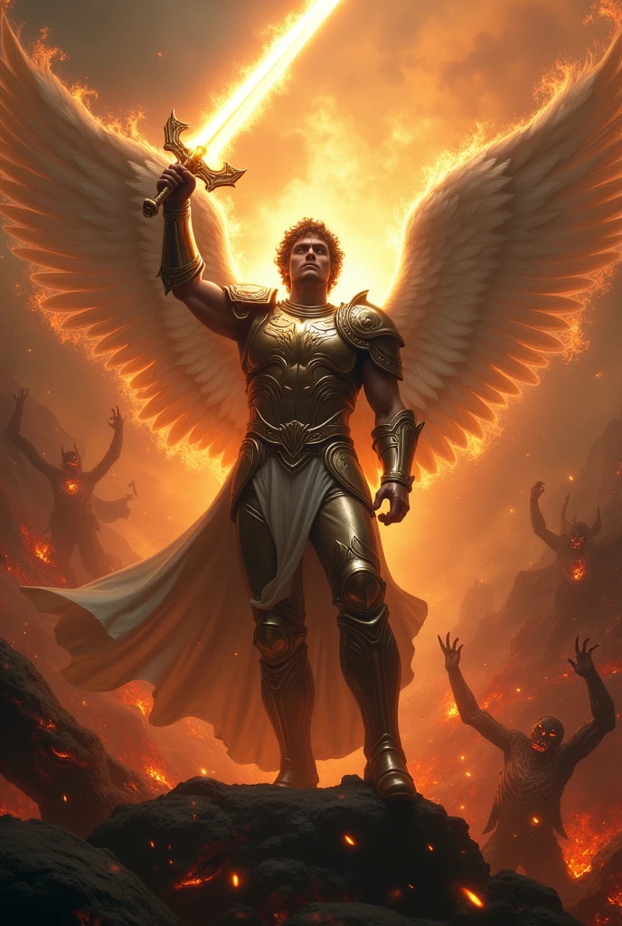 San Miguel Arcangel, victorious in the battle against demons in hell, his sword lit in a sign of victory, Battle scene of hell.