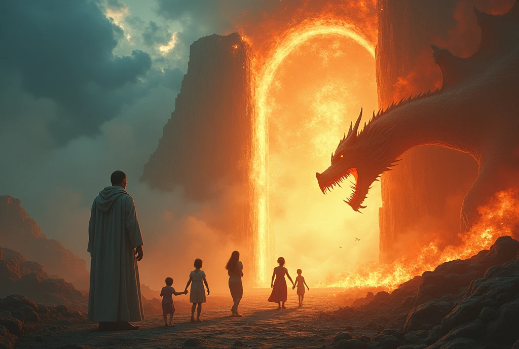 A father is standing uninvolved in the distant glory of heaven. A mother and her Kids are playing far away, very close to the firey gates of hell. They are aproaching the dragon. .