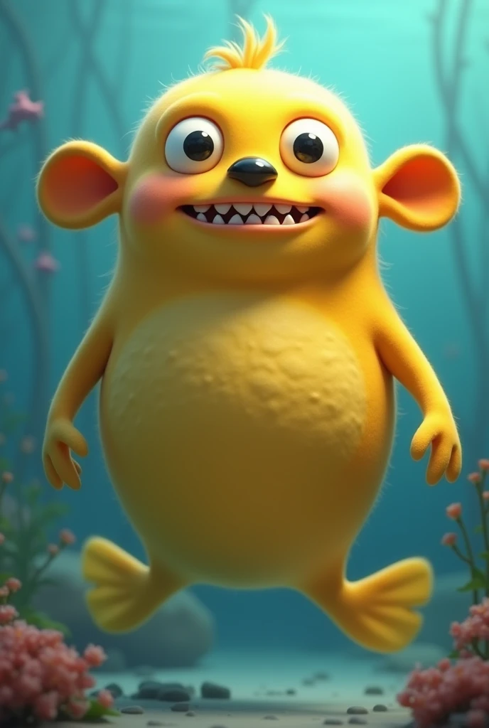 a creature with a cylindrical body, round head, small black nose, two small eyes, floppy ears, that your body is yellow, that has sharp teeth, four fins, and that your body has fat
