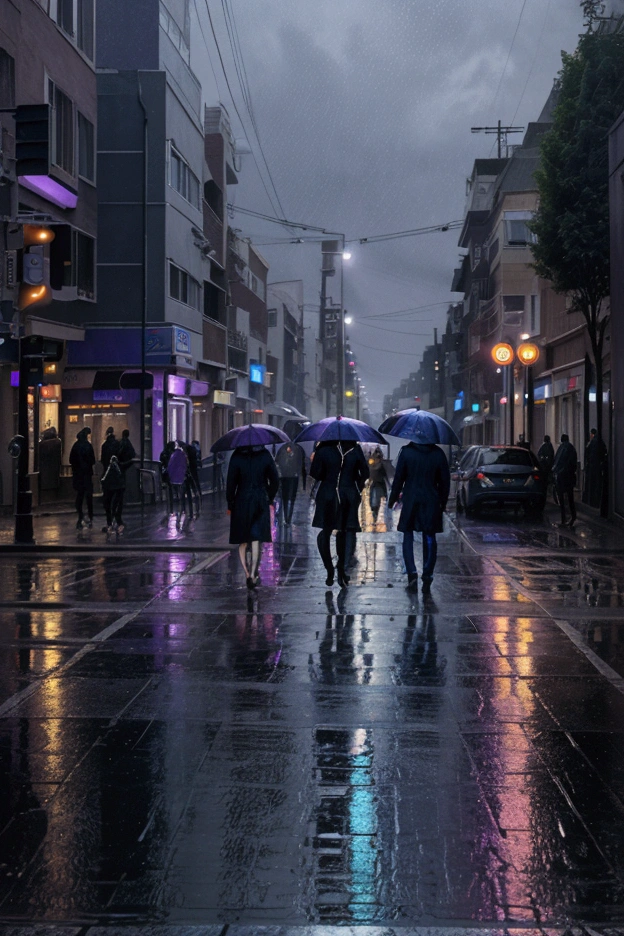 Oil painting of a futuristic street, purple and blue lights, people walking on footpath, and 3 cars on the street. Night time, raining 