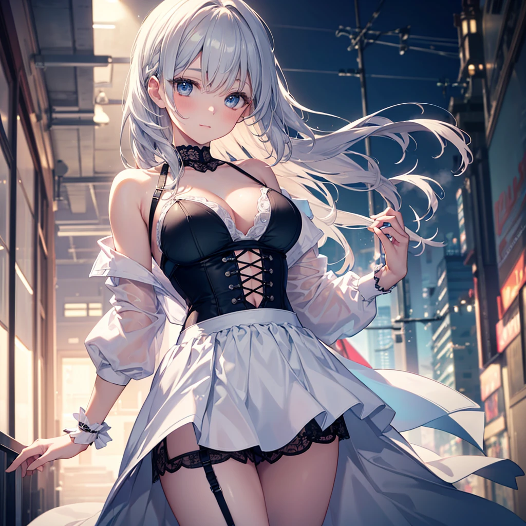 masterpiece, Highest quality, beautiful girl, Slender body, Large Breasts, , Princess Night, beautiful, Fine silver hair and blue eyes, Shoulder-length hair, Very detailed, ultra-Realistic, attractive physique, elegantな青いドレス, mini skirt, Frills, Off the shoulder, Subcolor is white, Black corset, Black garter belt, photoRealistic, masterpiece, 8k, Cinema Lighting, Dramatic composition, Soft pastel colors, beautiful fingers, Delicate skin, elegant, An innocent smile, Written boundary depth, Urban Background, (Highest quality,4K,8k,High resolution,masterpiece:1.2),Very detailed,(Realistic,photoRealistic,photo-Realistic:1.3