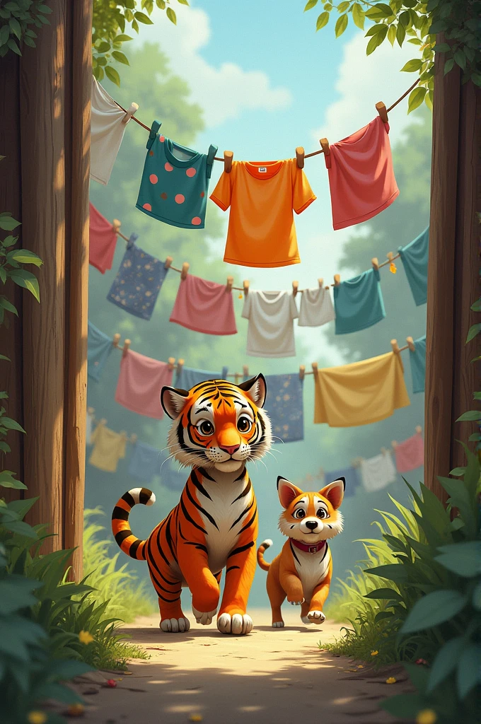 : After cleaning up in the pond, Toby( tiger )spots a small hole in the garden fence. Curiosity piqued, he nudges Dax (dog)to follow him through the hole. Together, they squeeze through and find themselves in the neighbor’s yard, which is full of laundry hanging on clotheslines