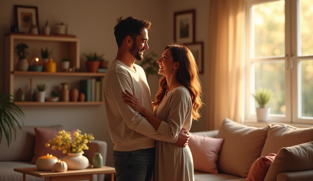 A realistic happy person with commemoring by the other person in the living room, the peoples is a couple.