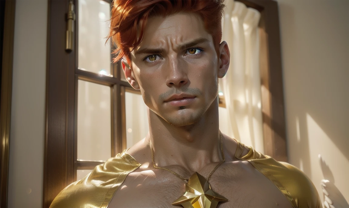 [((highly detailed, detailed eyes, detailed face, clear and realistic facial features, photorealistic, realistic light, cinematic, looking at you)), (1 man), (((((Gorgeous perfect sexy powerful masculine male angel))))), (((he has two grand golden angel wings sprouting out of his back))), ((((short sexy red hair)))), ((((pale yellow eyes)))), ((30 year old)), ((wearing flattering gold and white clothes)), (((aura of divine power))), standing in a cozy apartment at nighttime, ((light blush)), (((((wearing a clearly indignant expression)))))]