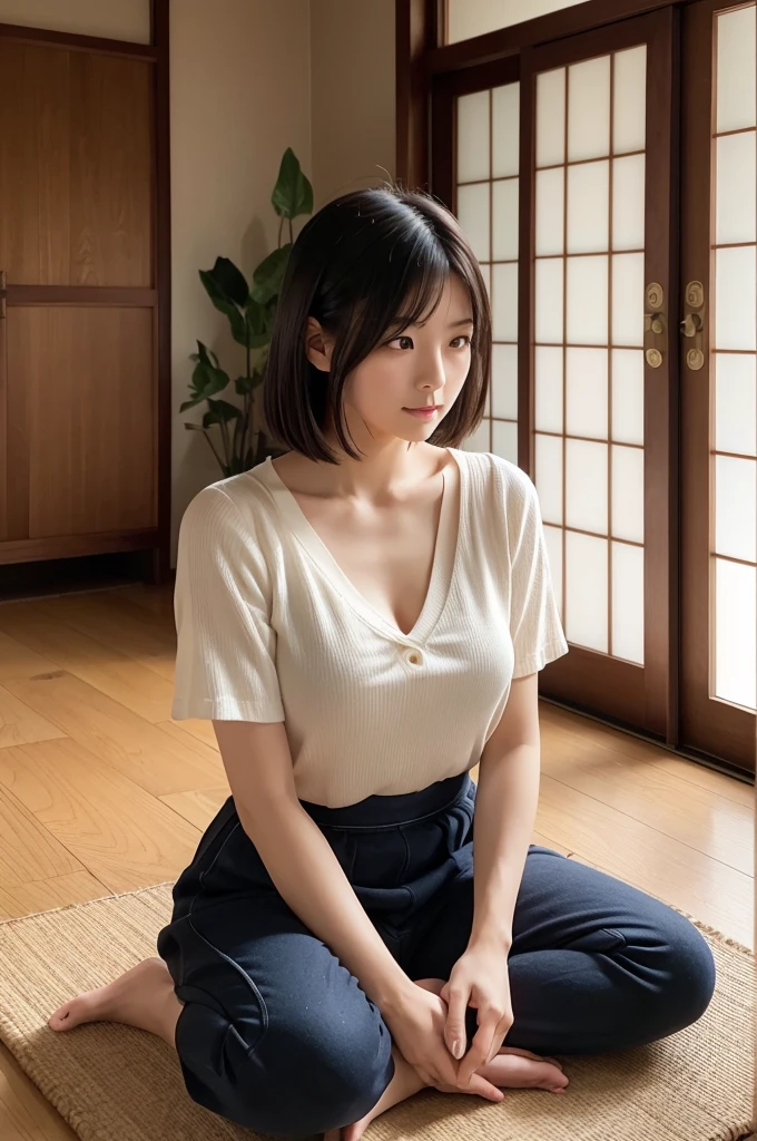 Create an image of a beautiful Japanese woman sitting on a mat inside a house. She has medium-length, straight black hair, and a large bust. The setting is a traditional Japanese interior with tatami flooring, sliding shoji doors, and soft, ambient lighting. The woman is seated in a relaxed posture on the mat, with her hands resting gently on her knees. She is wearing a simple, elegant outfit that complements her features. The scene should convey a sense of calm and elegance, highlighting her beauty in a serene domestic environment.