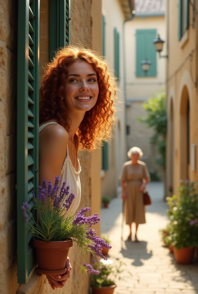A 25-year-old girl leans out the window of her rustic house in Provence.  She has curly red hair, length below her shoulders.  She wears a crepe dress.  She is happy and looks at a lady over 80 years old, using a cane, who is walking down the alley.  A kitten sleeps on the doorstep.  Below the window is a planter with lavender flowers.  Sunny day.  Foggy filter, styled by photographer David Hamilton