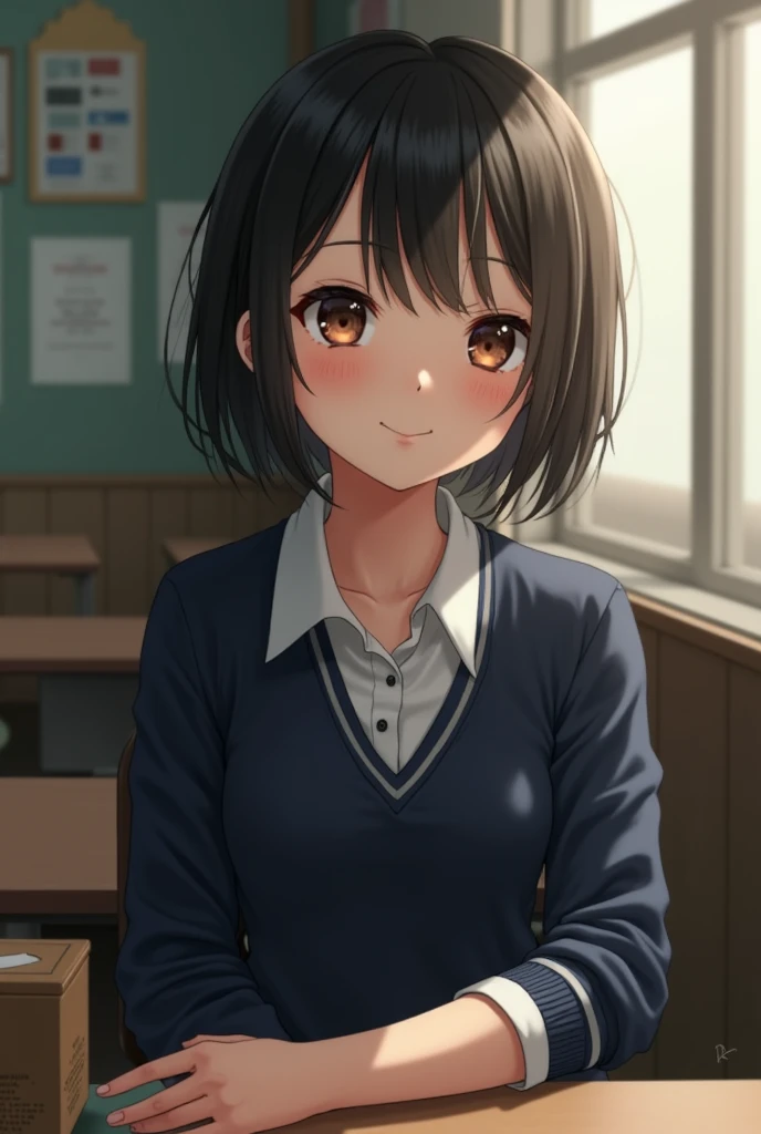 Highest quality, Face Focus, Soft Light, Ultra-high resolution, (Realistic:1.4), RAW Photos, 1 Japan, alone, cute, (A shy smile:0.5), (Brown eyes, Light in your eyes), Beautiful face in every detail, (Small box),(High resolution detail of human skin texture), (Short Bob Hair), break, In the classroom,Navy uniform, Best, skirt