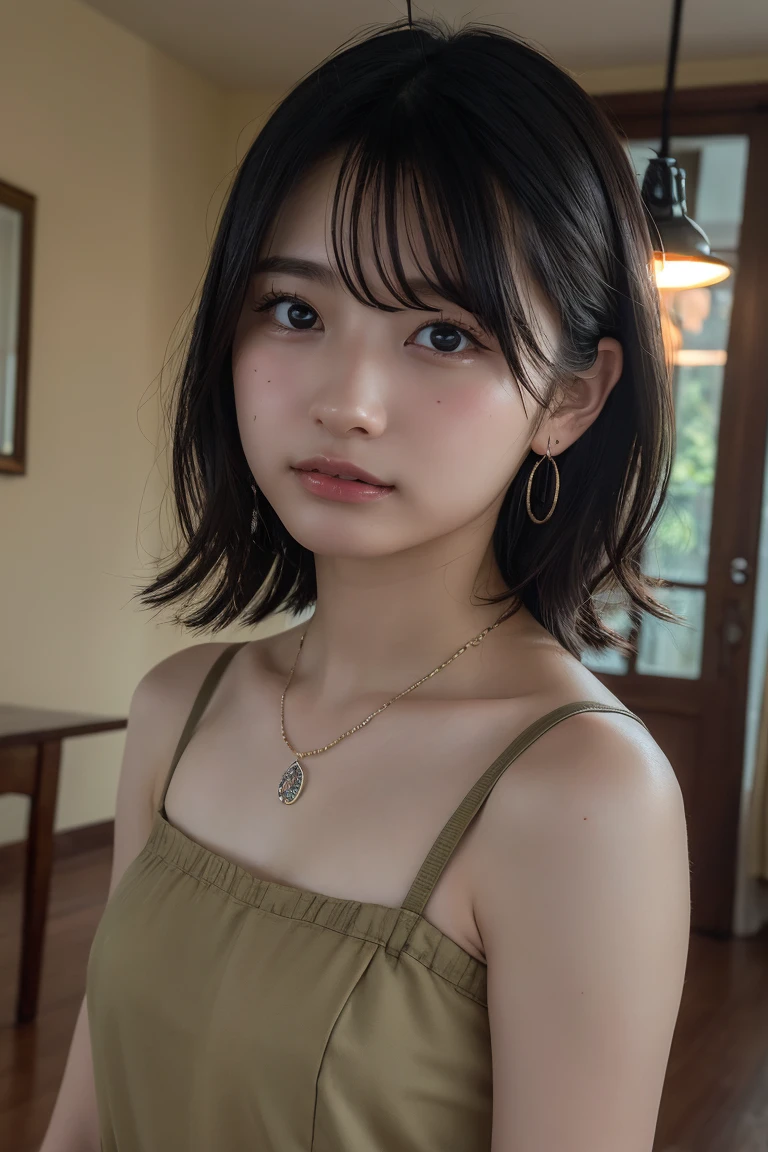 (Highest quality:1.4),(masterpiece:1.4),(Realistic:1.4),(Realistic:1.2),(超High resolution, RAW Photos:1.4),(High resolution, Ultra-detailed:1.2),(8k:1.2),View your viewers,Cinematic photography,One person,skeletally correct,Black-haired woman,Woman in her early 20s,(Small earrings,necklace,Khaki cotton camisole dress),(Western-style building interior,Dimly lit room,The lamplight shines on my cheeks)
