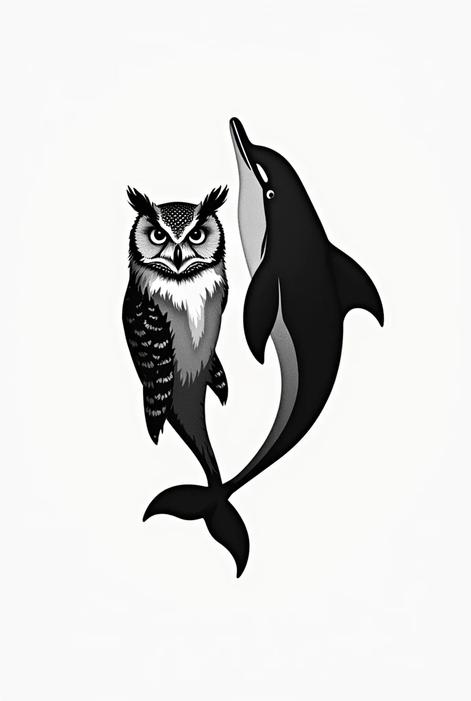 "Create a minimalist black and white tattoo design that combines the faces of an owl and a dolphin. The design should harmoniously blend these two animals, symbolizing the bond between two brothers, while maintaining clean lines and simplicity to highlight their unique features and the connection between the siblings."