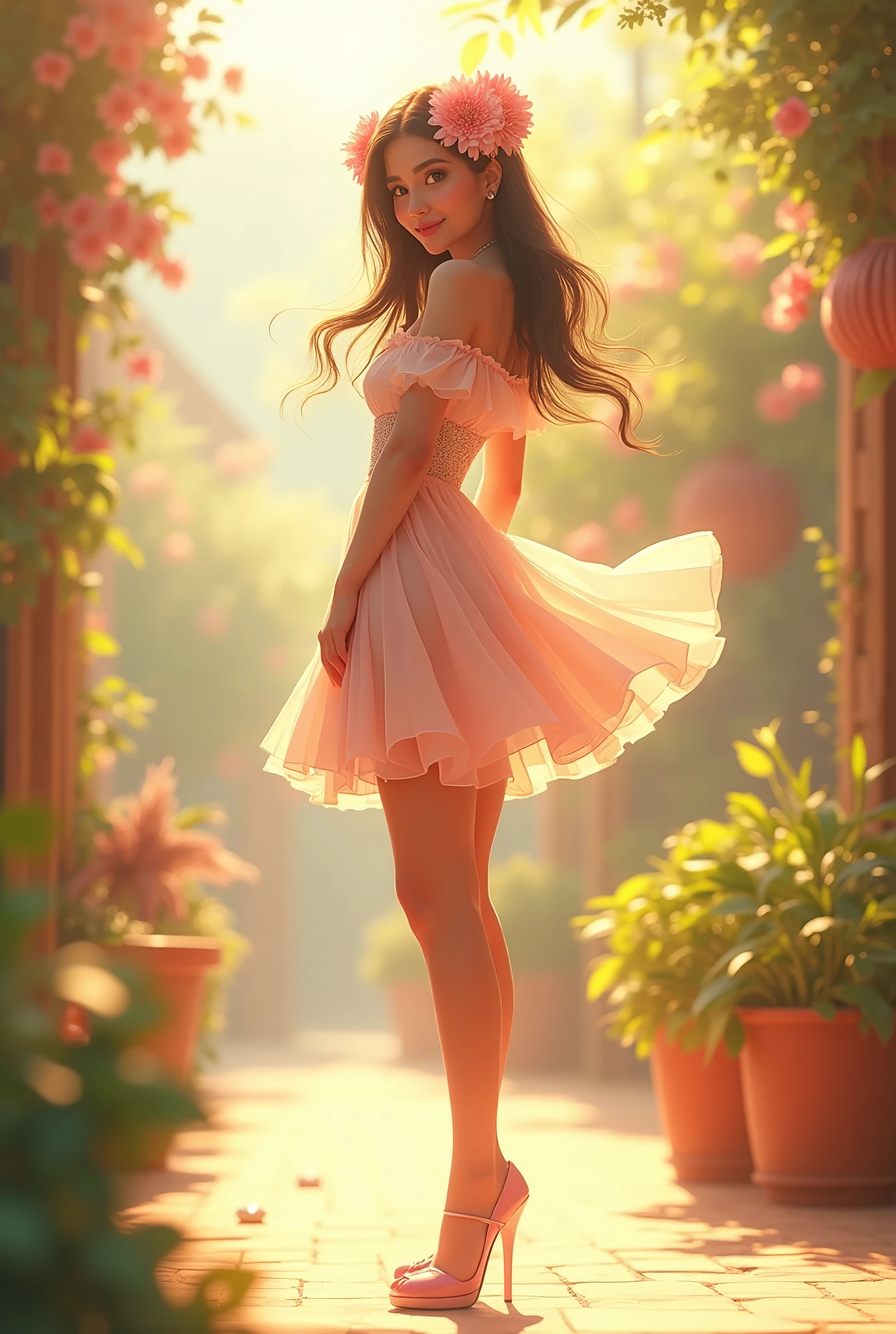 Ultra high quality,High heel,Off-shoulder,Long legs,Cheerful,Sunlight,Short skirt,full-body shot,Wear flowers on your head,charming,Beautiful girl