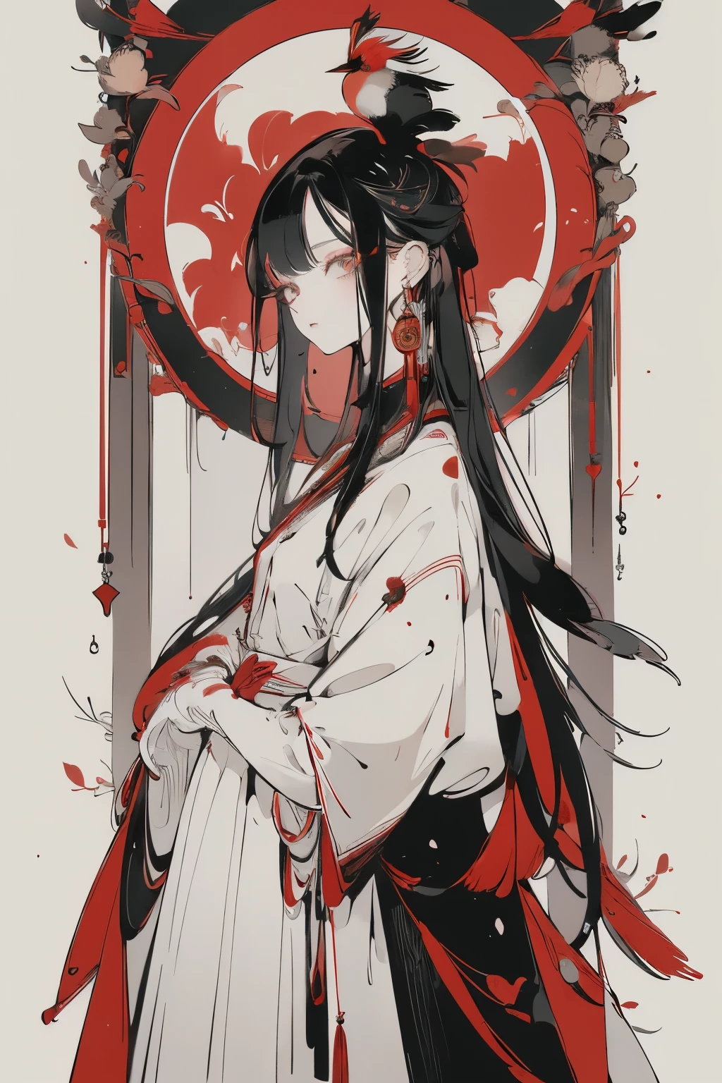 (Designed by nty:1.4),Upper body portrait of a girl,Red, White and black, ((Red-crowned crane anthropomorphism)), Yoshitaka Amano character setting,solitary,Angelic, Symmetrical beauty, Red-crowned crane characteristic gorgeous long skirt, stand up, (((solitary))), Color Matching，Clear facial features, Clean lines design, Magic Elements, Future Technology, ((tarot card background)), Standing Figure, ((Flat Color)), (masterpiece，Top quality，best quality，Ultra-high resolution), ((Exquisite facial features，Clear facial features，beautiful eyes，Pretty Face)) ,(32K Wallpaper),