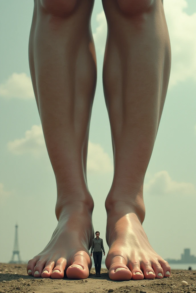 A giant woman in a barefoot suit with a man between her toes