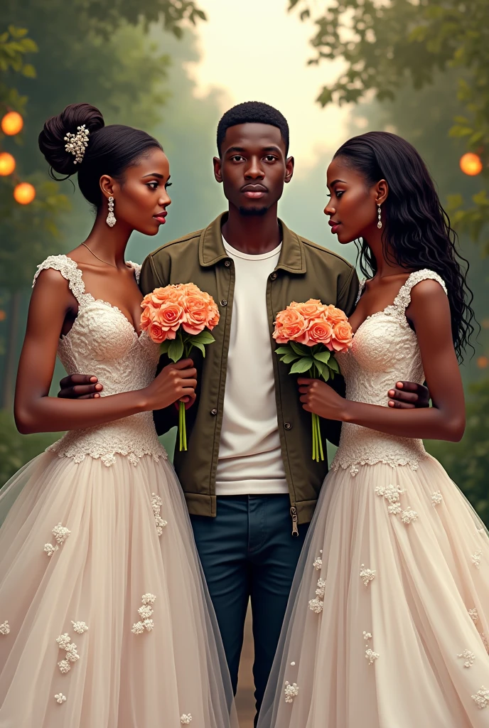 Un jeune garçon de 23 ans africain en veste au milieu de deux belles filles africaines en robe de mariage et tenant chacune dans les mains une fleur. La première fille a 19 ans et est heureuse tandis que la seconde fille a 21 ans et est triste